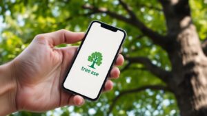 Tree service logo on a smartphone screen