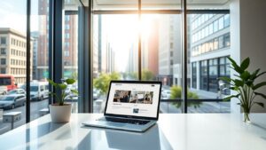 Modern office with laptop showing website, city view.
